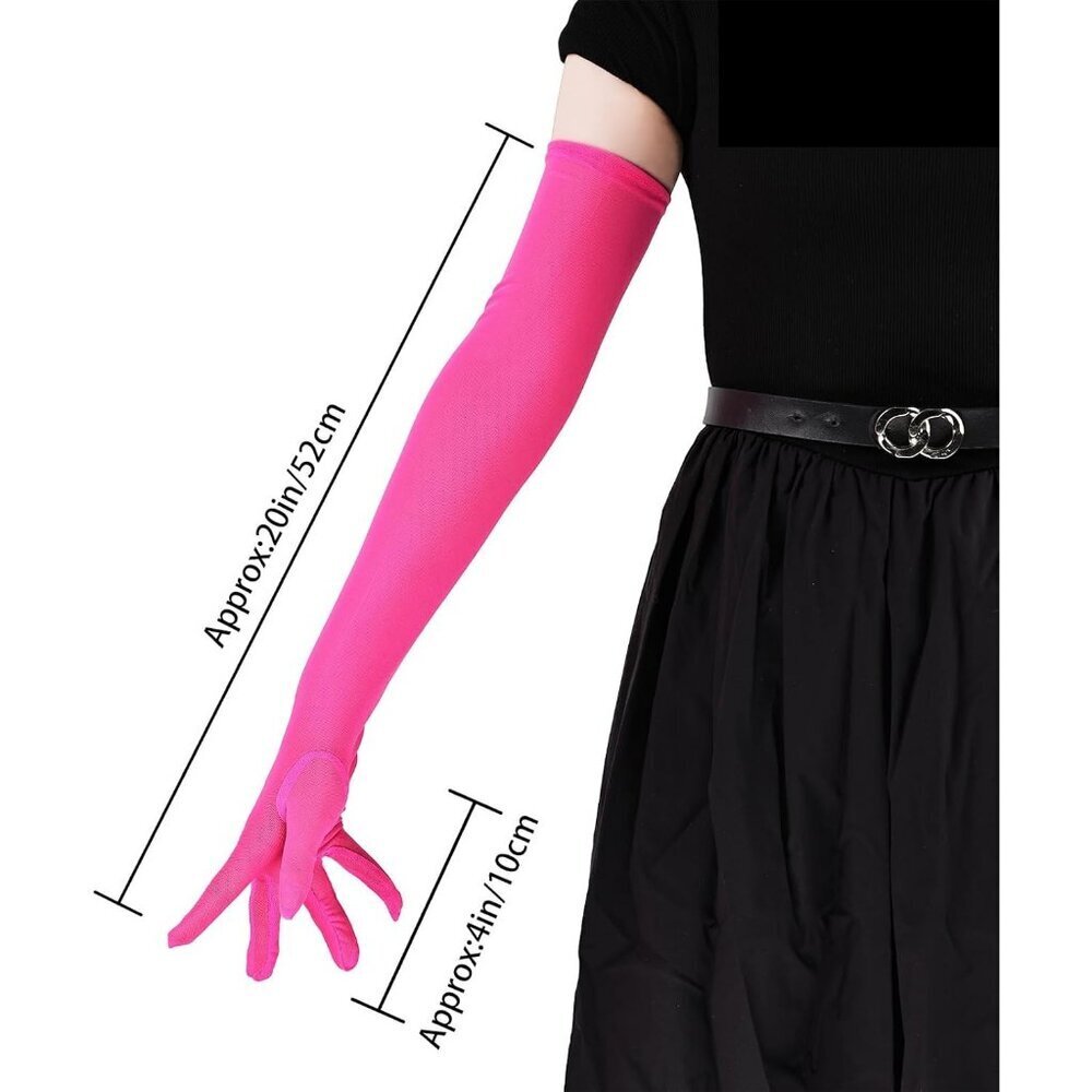 Women's Tulle Hot Pink Long Satin Gloves Evening Elbow Length Party Costumes - Picture 2 of 6